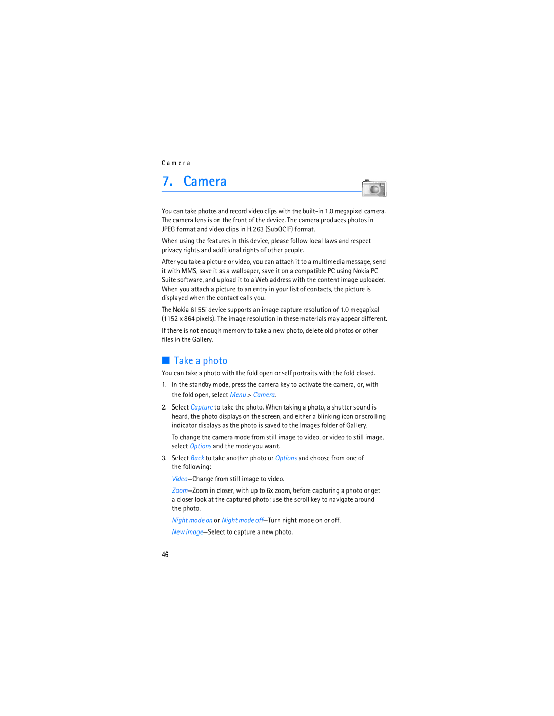 Nokia 6155i manual Camera, Take a photo 
