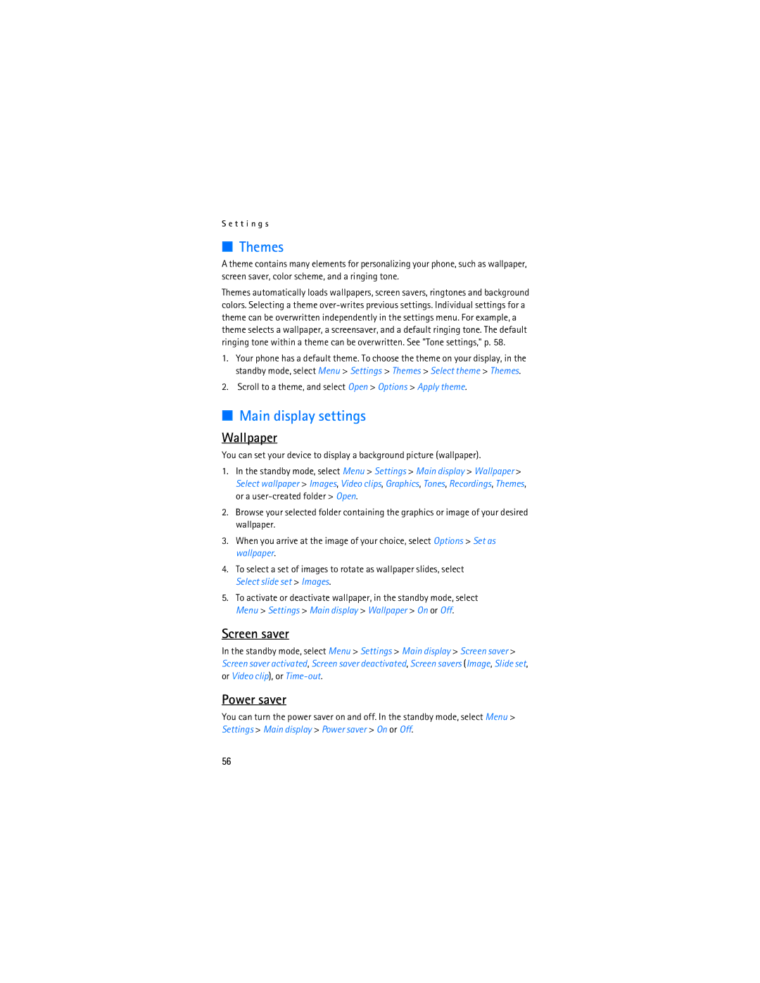 Nokia 6155i manual Themes, Main display settings, Wallpaper, Screen saver, Power saver 