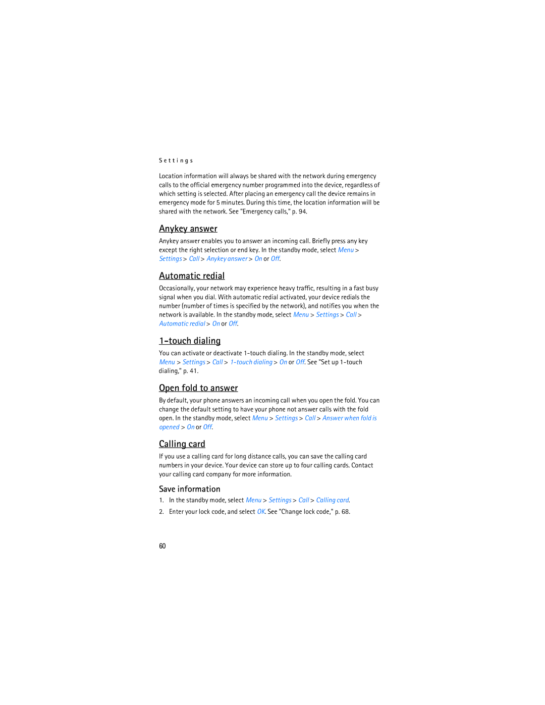 Nokia 6155i manual Anykey answer, Automatic redial, Touch dialing, Open fold to answer, Calling card 