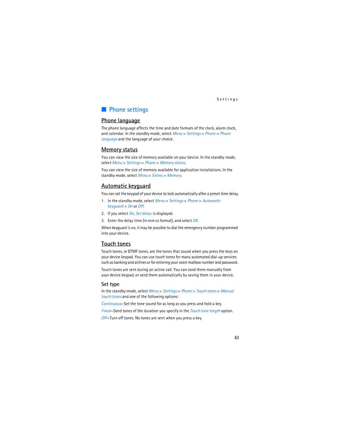 Nokia 6155i manual Phone settings, Phone language, Memory status, Automatic keyguard, Touch tones 