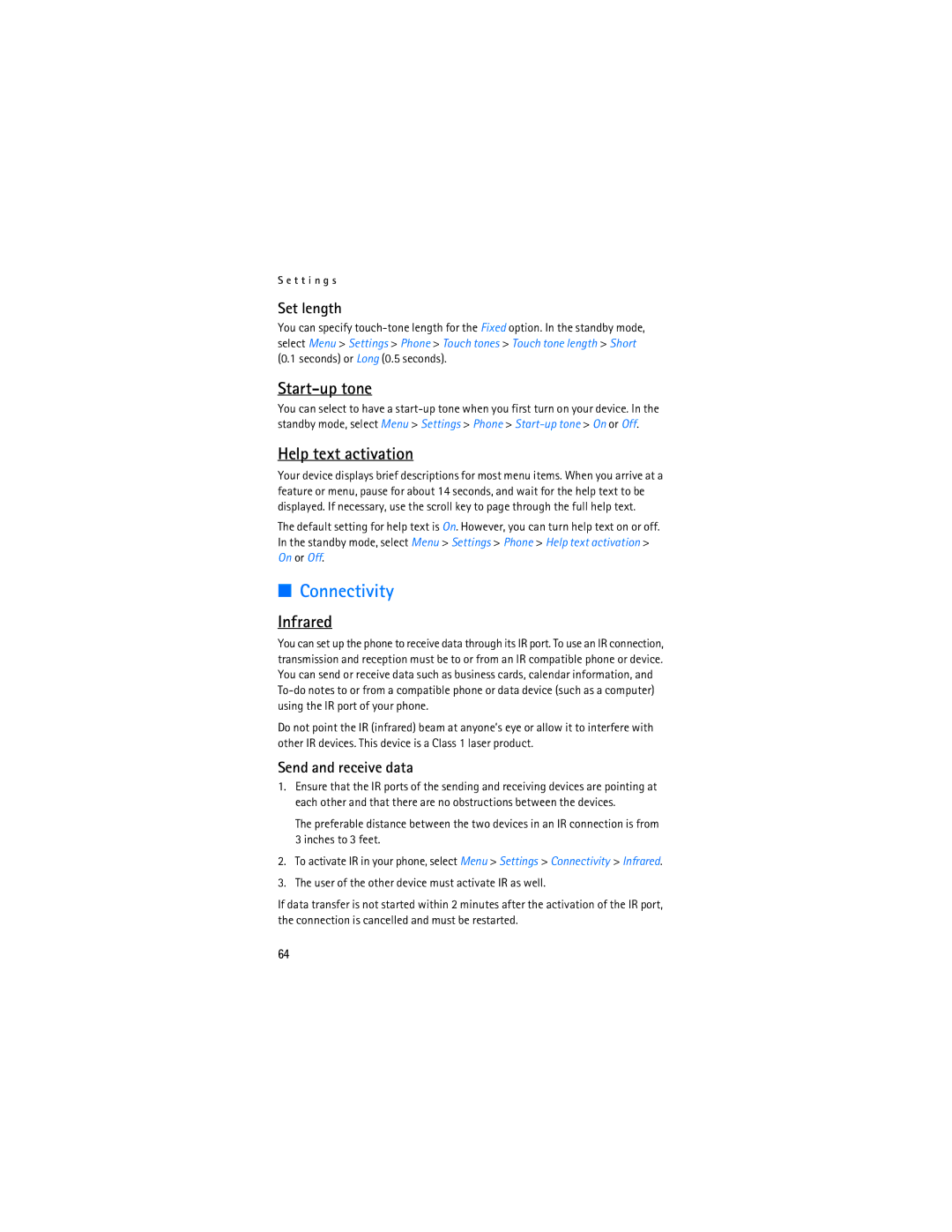 Nokia 6155i manual Connectivity, Start-up tone, Help text activation, Infrared 