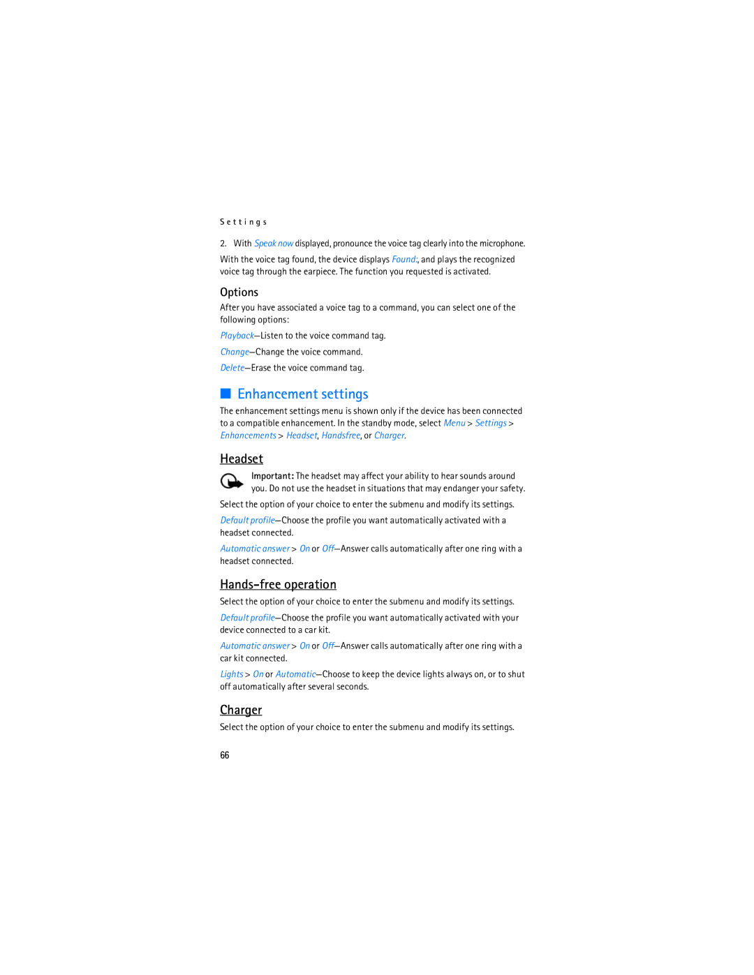 Nokia 6155i manual Enhancement settings, Headset, Charger 