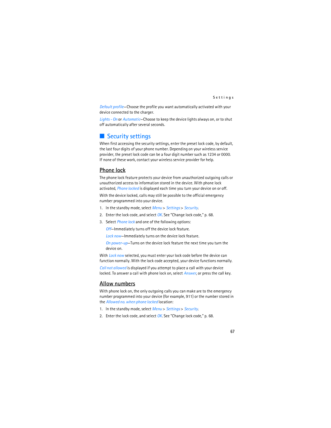 Nokia 6155i manual Security settings, Phone lock, Allow numbers 