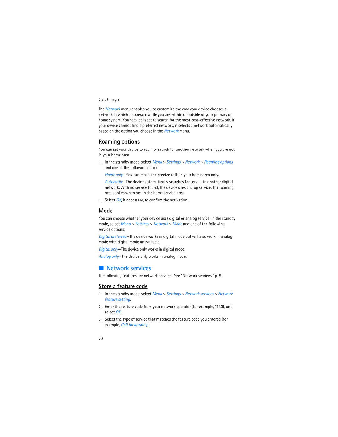 Nokia 6155i manual Roaming options, Mode, Store a feature code, Select OK, if necessary, to confirm the activation 