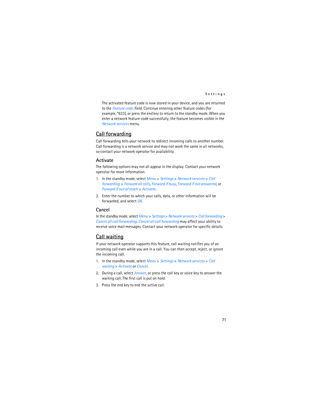 Nokia 6155i manual Call forwarding, Call waiting, Activate, Cancel 