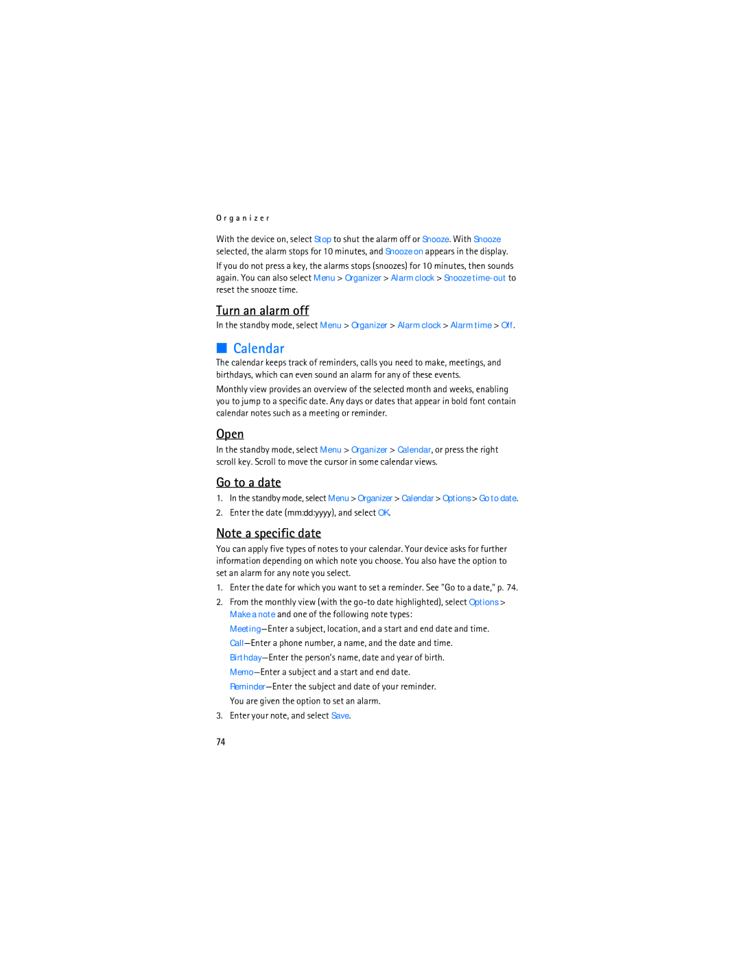 Nokia 6155i manual Calendar, Turn an alarm off, Open, Go to a date, Enter your note, and select Save 