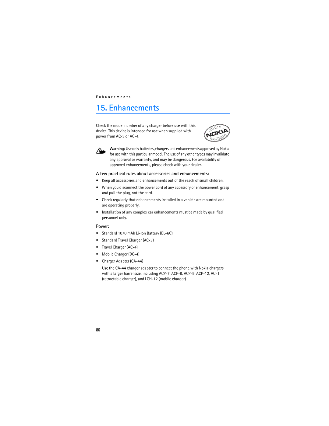 Nokia 6155i manual Enhancements, Few practical rules about accessories and enhancements, Power 