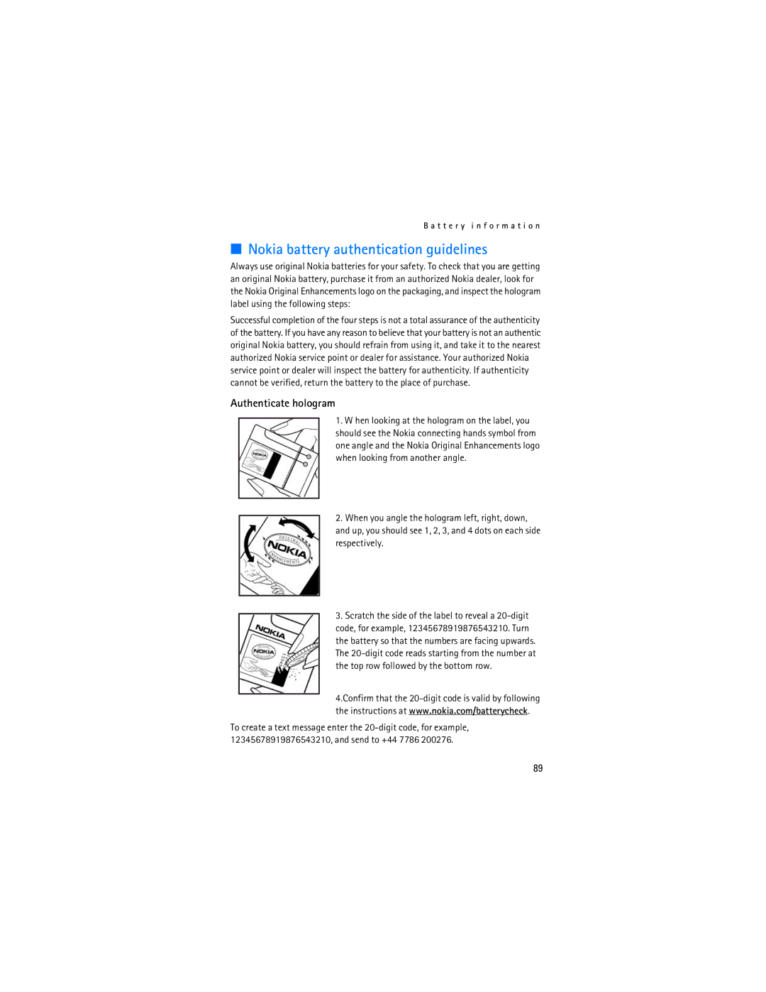 Nokia 6155i manual Nokia battery authentication guidelines, Authenticate hologram 