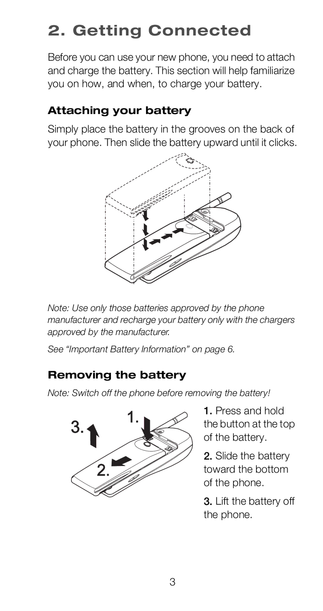 Nokia 6160 manual Getting Connected, Attaching your battery, Removing the battery 