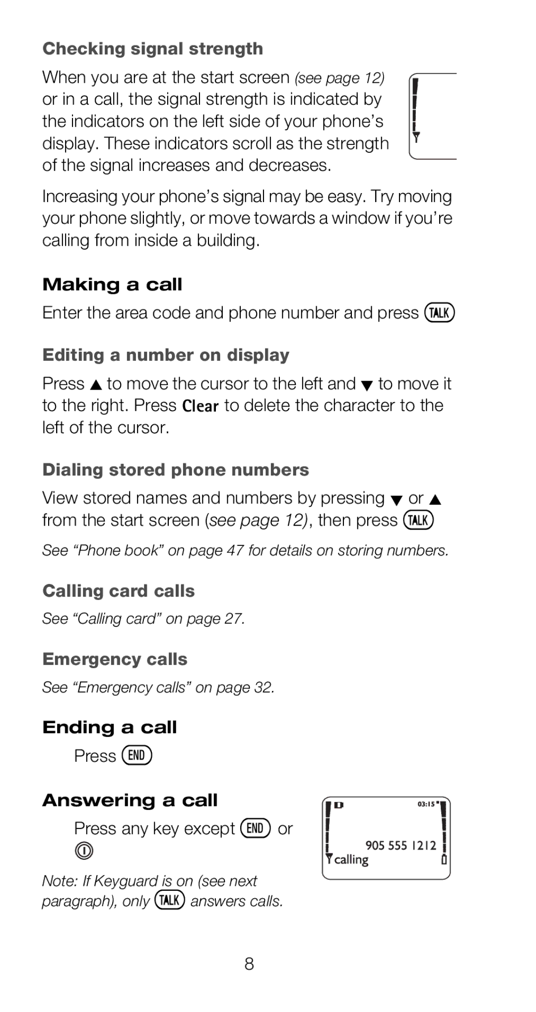 Nokia 6160 manual Checking signal strength, Editing a number on display, Dialing stored phone numbers, Calling card calls 