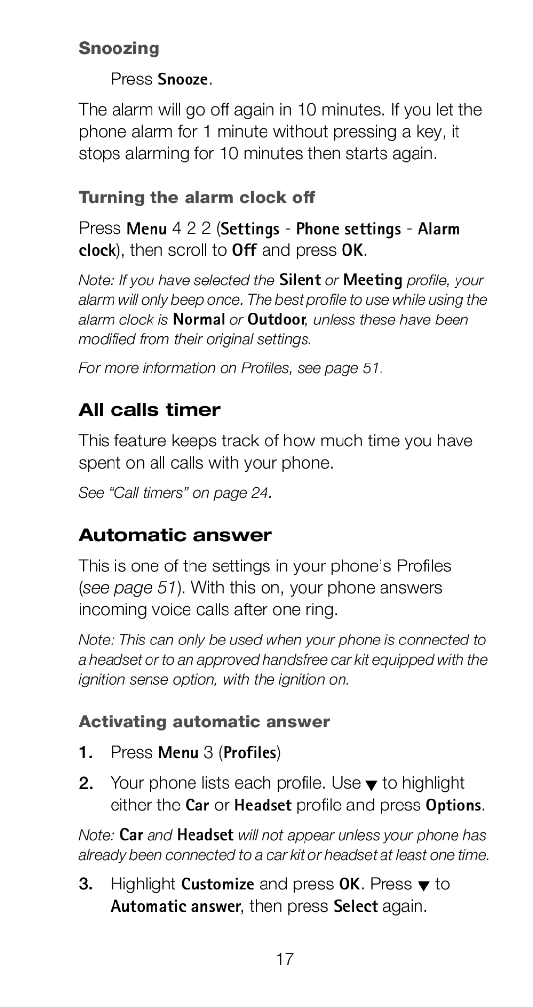 Nokia 6160 manual Snoozing, Turning the alarm clock off, Activating automatic answer 