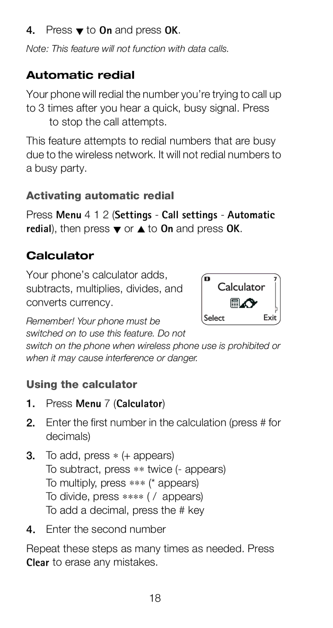 Nokia 6160 manual Activating automatic redial, Using the calculator 