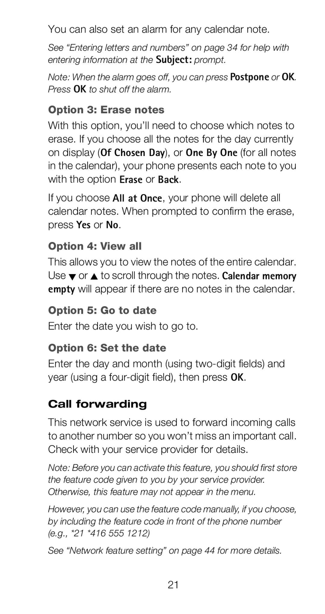 Nokia 6160 manual Option 3 Erase notes, Option 4 View all, Option 5 Go to date, Option 6 Set the date, Call forwarding 