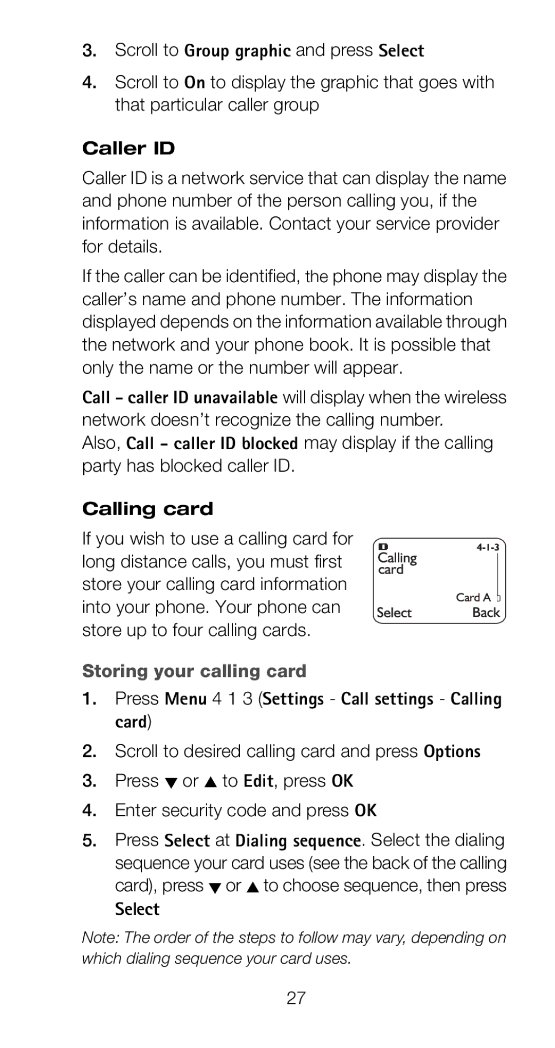 Nokia 6160 manual Caller ID, Storing your calling card, Press Menu 4 1 3 Settings Call settings Calling card, Select 