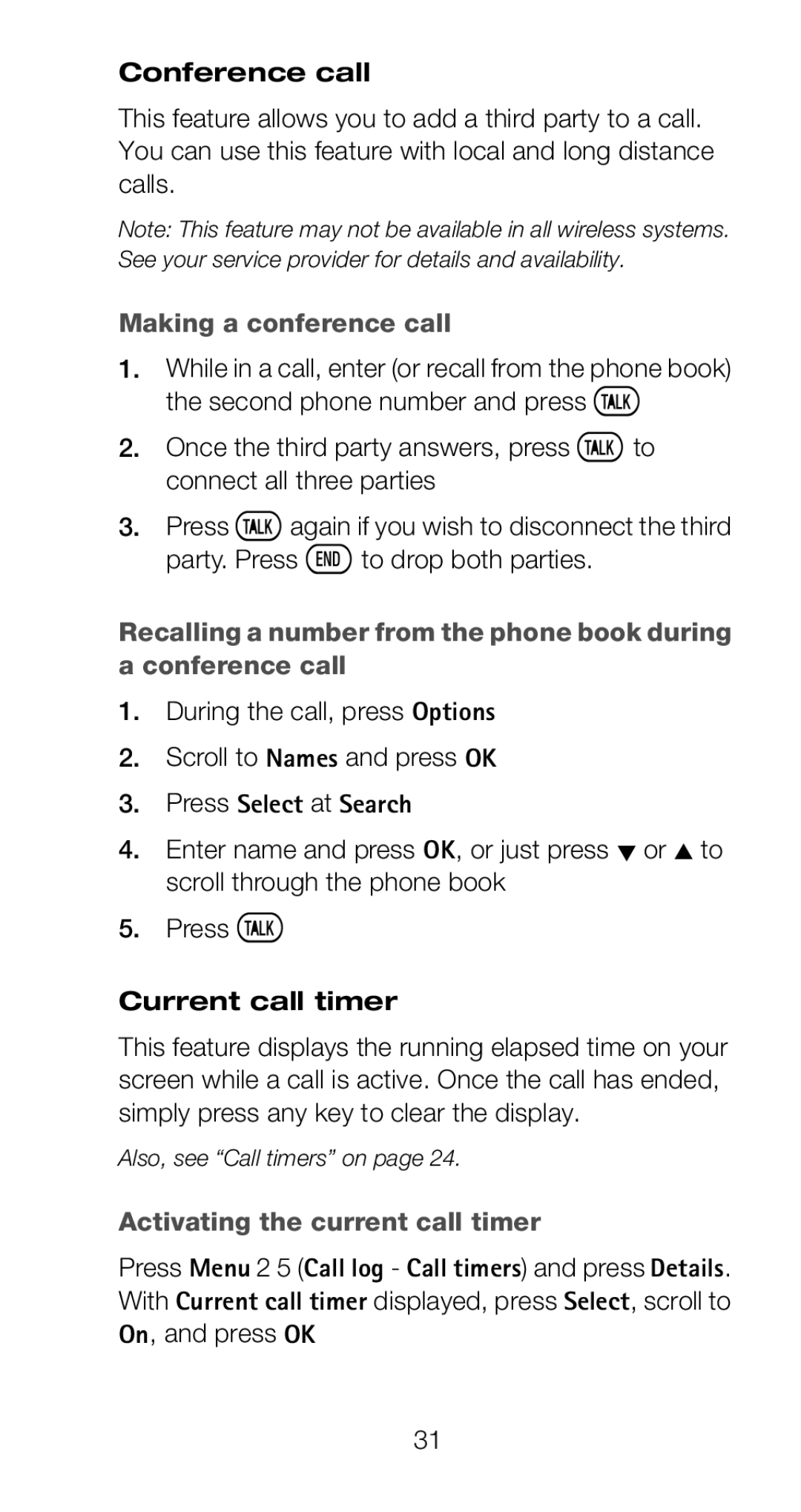 Nokia 6160 manual Conference call, Making a conference call, Press Select at Search, Current call timer 