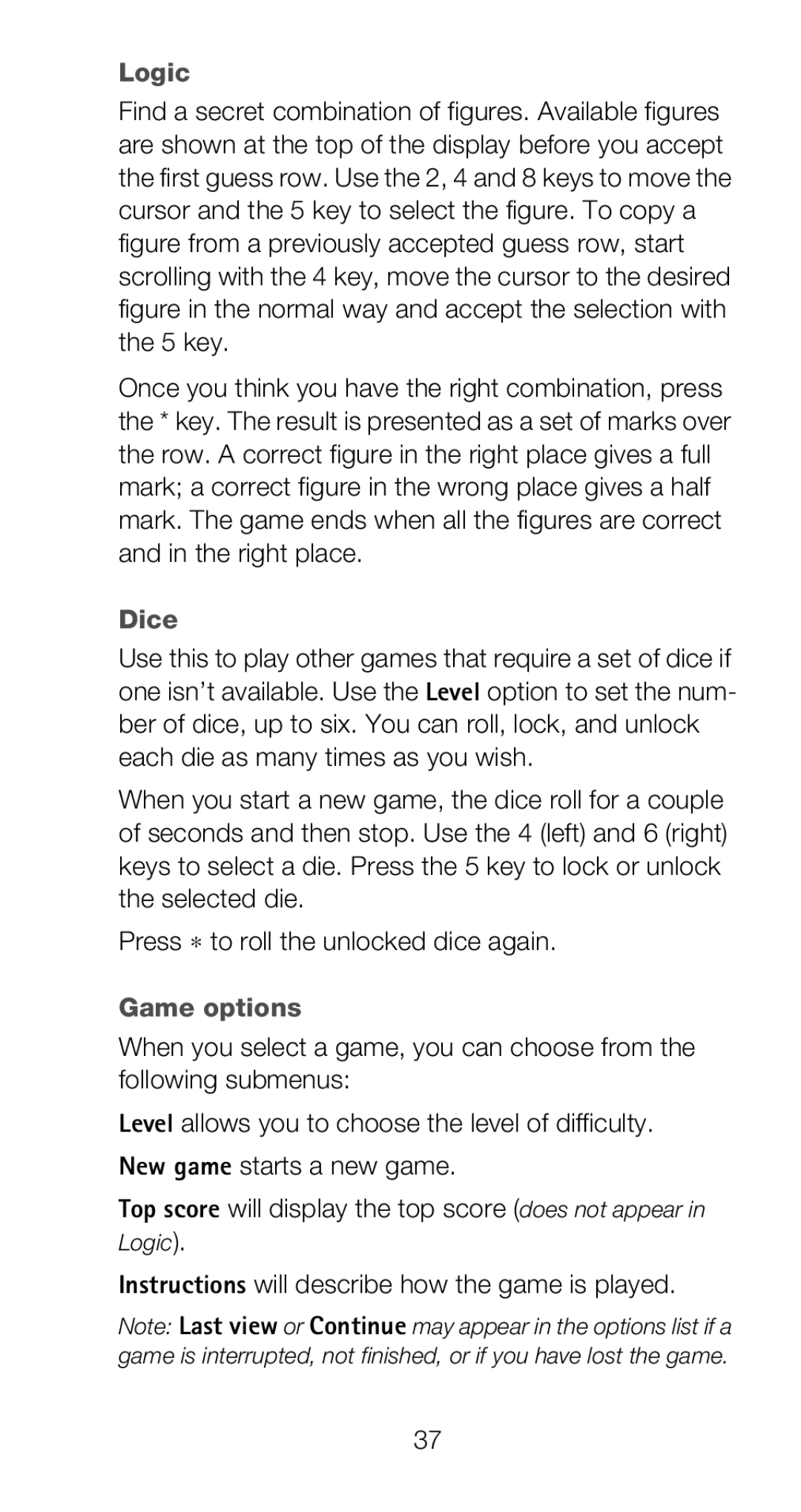 Nokia 6160 manual Logic, Game options, Instructions will describe how the game is played 