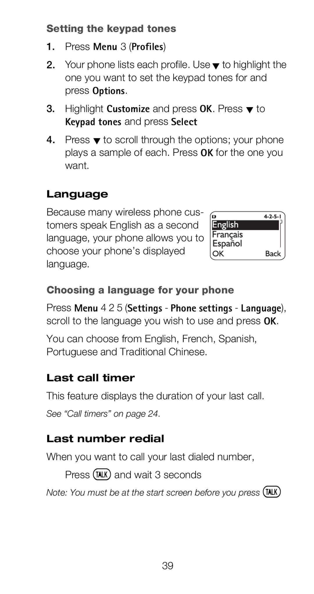 Nokia 6160 Setting the keypad tones, Language, Choosing a language for your phone, Last call timer, Last number redial 