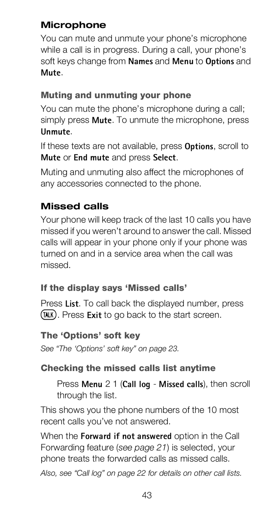 Nokia 6160 manual Microphone, Muting and unmuting your phone, If the display says ‘Missed calls’ 