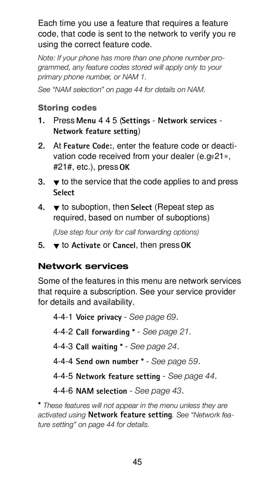 Nokia 6160 manual Storing codes, To Activate or Cancel, then press OK 