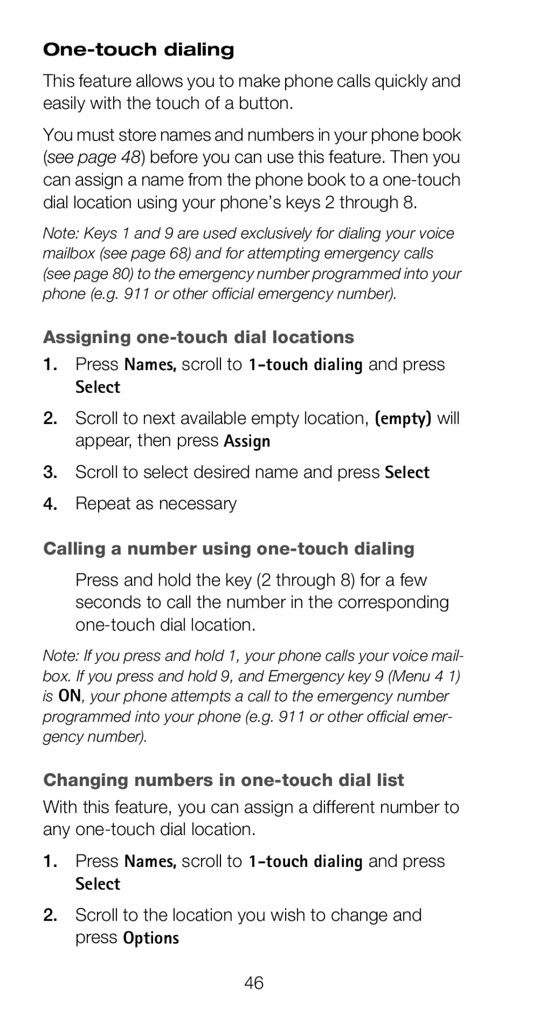 Nokia 6160 manual One-touch dialing, Assigning one-touch dial locations, Calling a number using one-touch dialing 