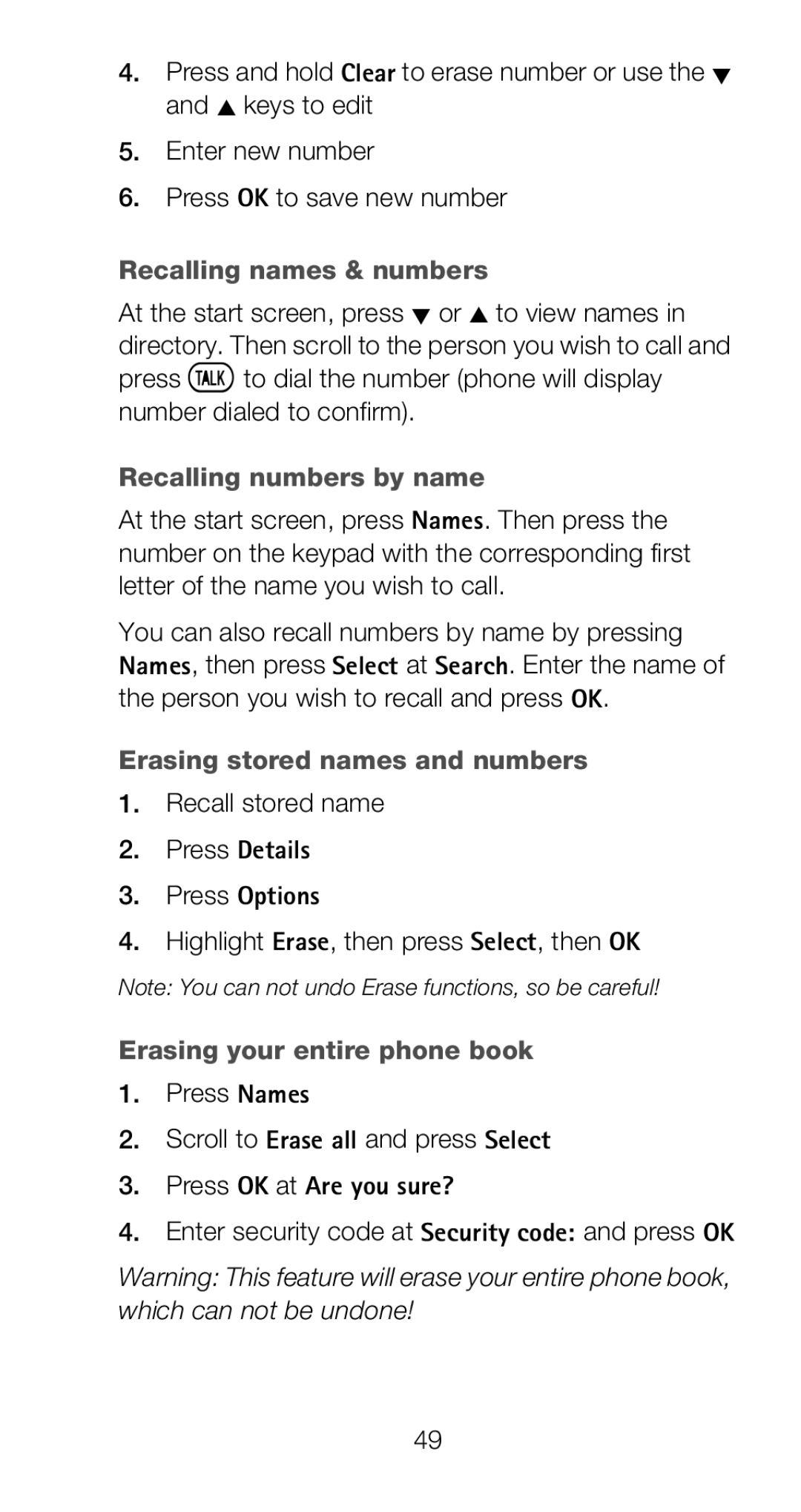 Nokia 6160 manual Recalling names & numbers, Recalling numbers by name, Erasing stored names and numbers 