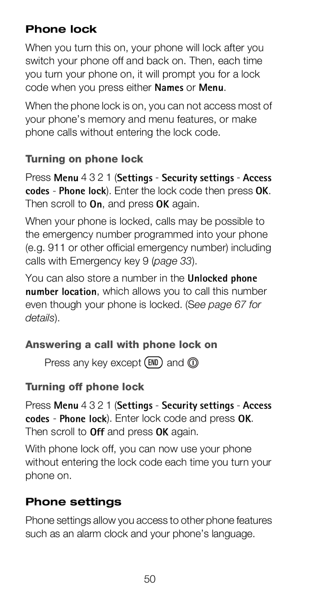 Nokia 6160 manual Phone lock, Turning on phone lock, Answering a call with phone lock on, Press any key except ôand 