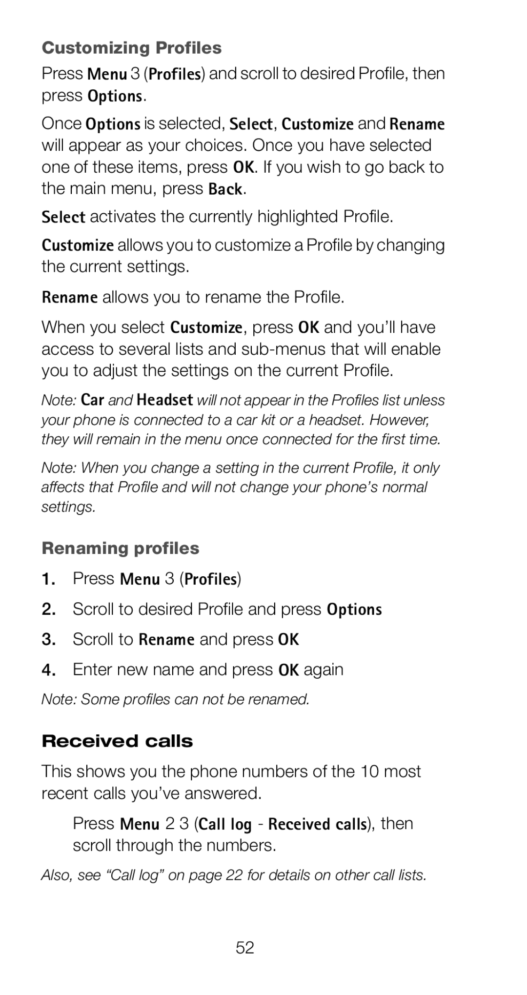 Nokia 6160 manual Customizing Profiles, Renaming profiles, Received calls 