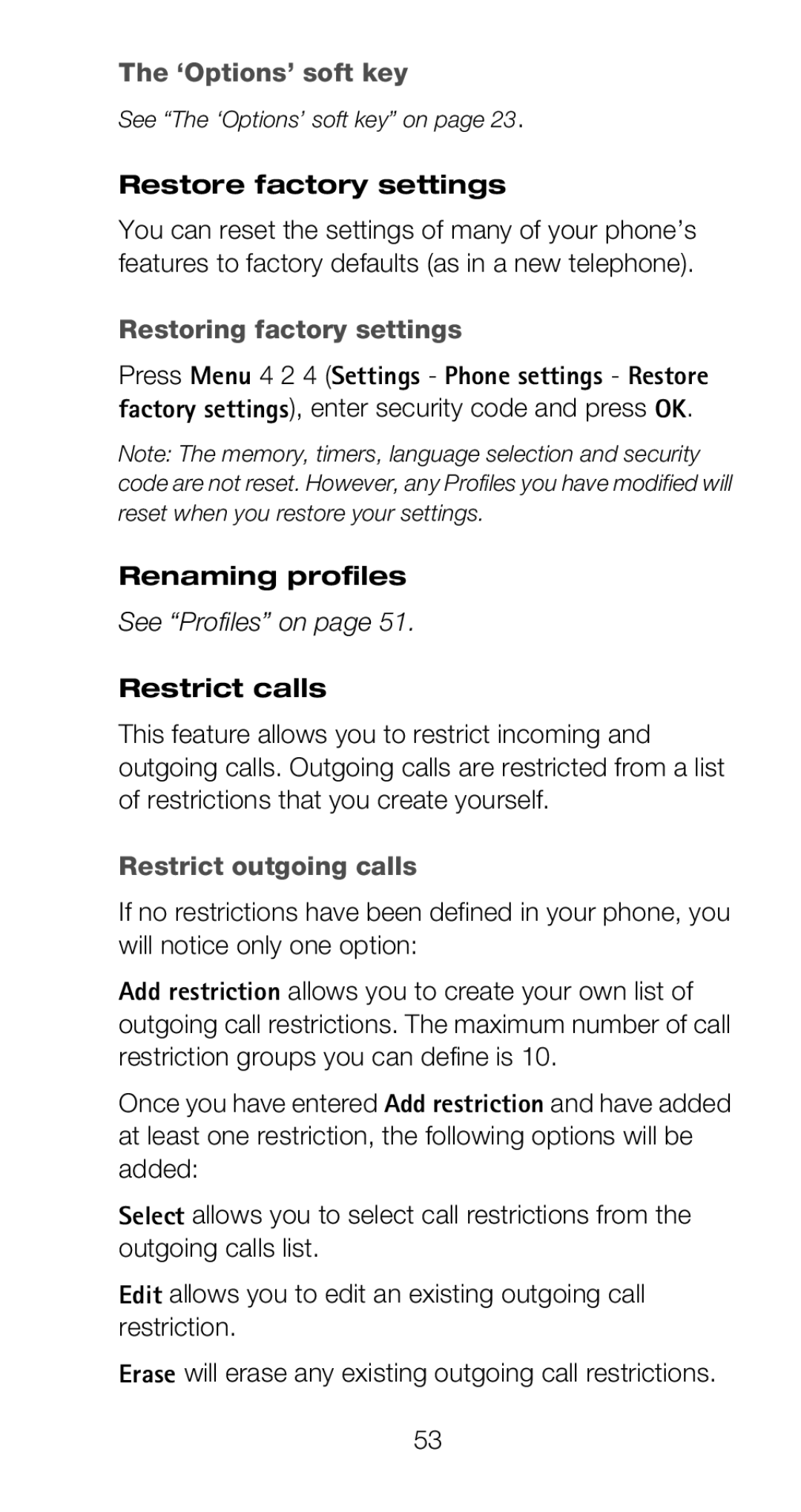 Nokia 6160 manual Restore factory settings, Restoring factory settings, Renaming profiles, Restrict calls 
