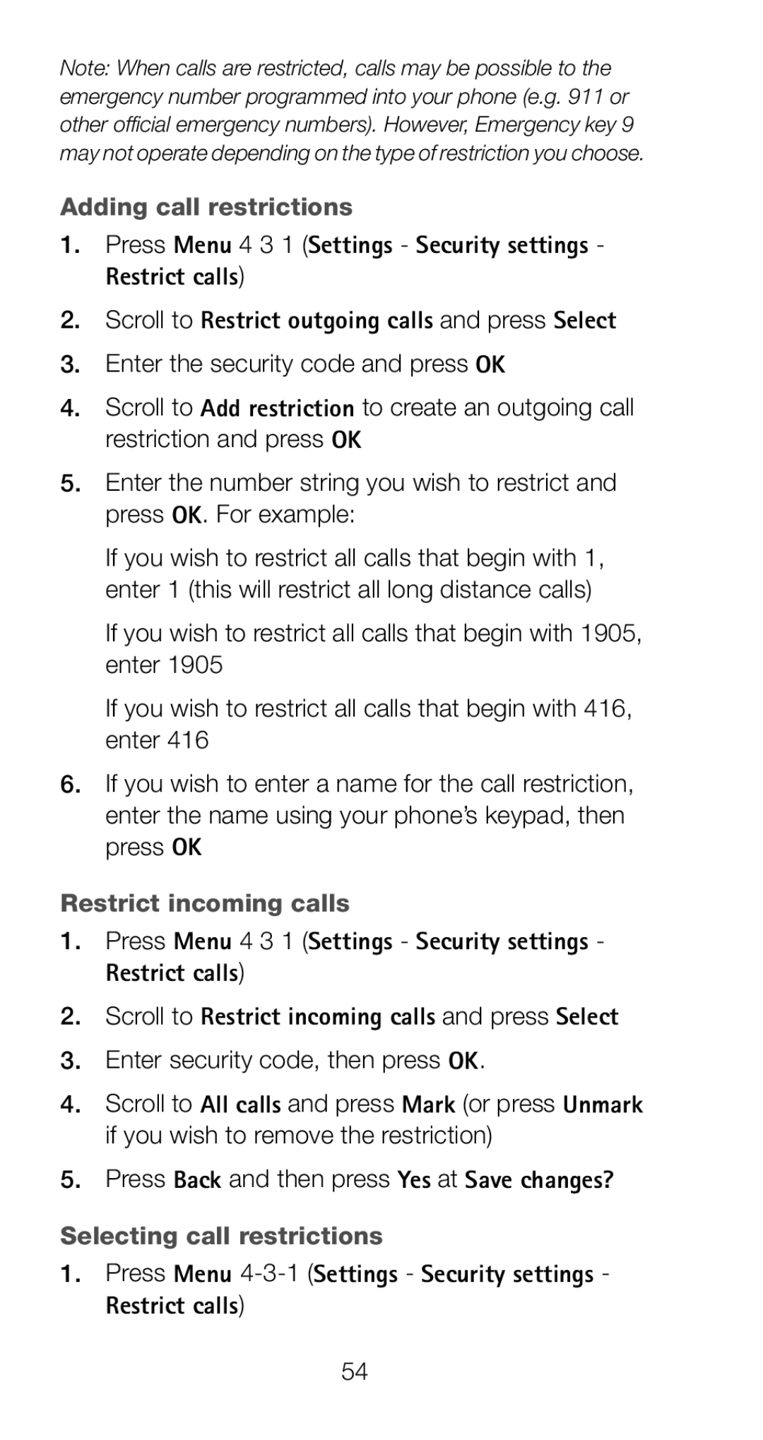 Nokia 6160 manual Adding call restrictions, Restrict incoming calls, Selecting call restrictions 