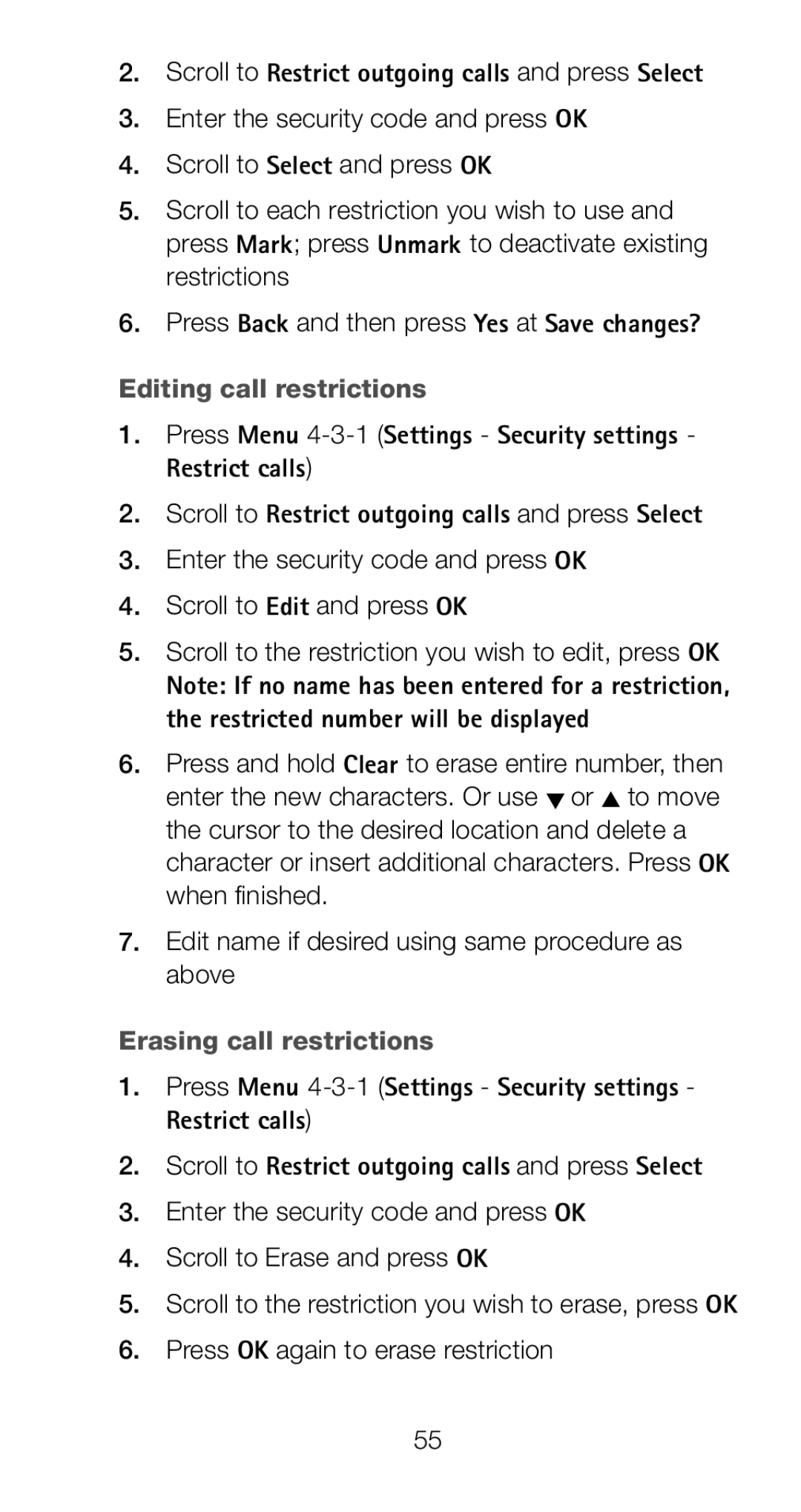 Nokia 6160 manual Editing call restrictions, Erasing call restrictions 