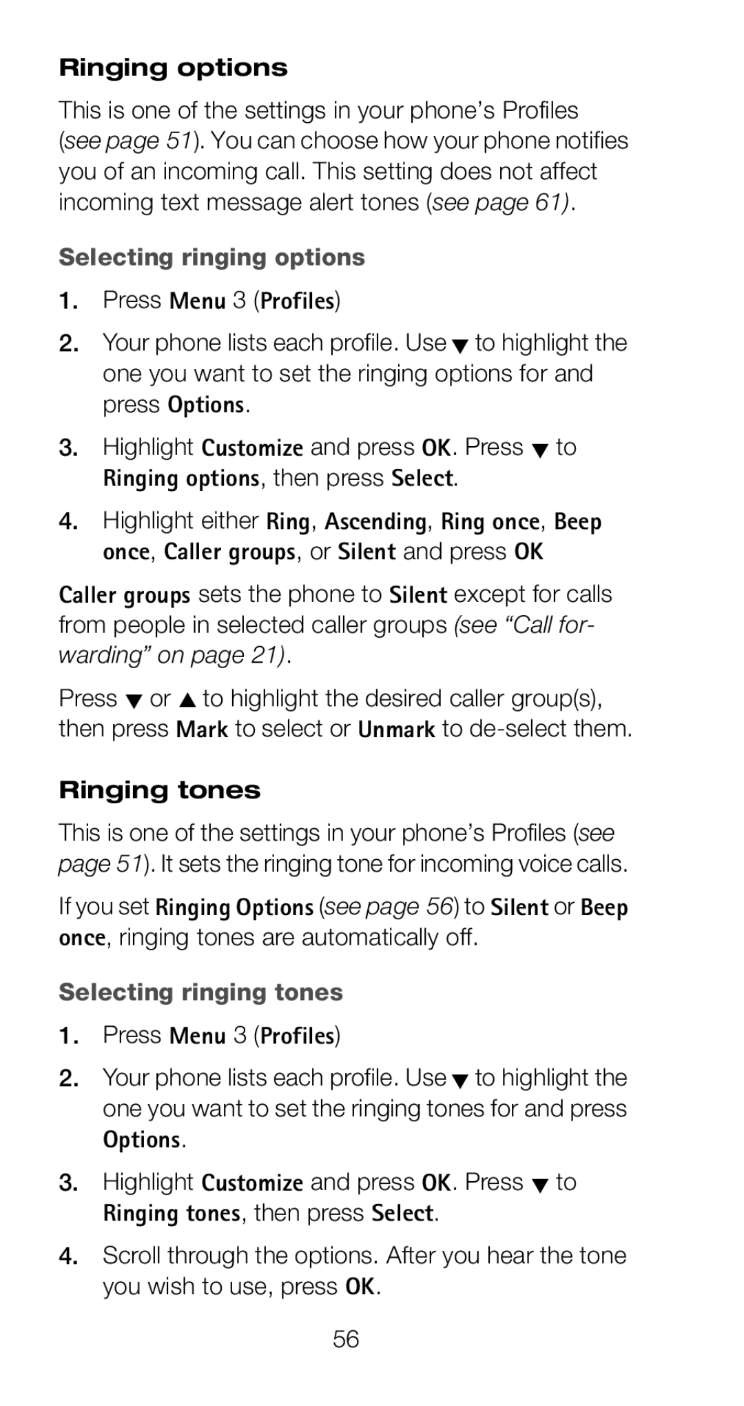 Nokia 6160 Ringing options, This is one of the settings in your phone’s Profiles, Selecting ringing options, Ringing tones 