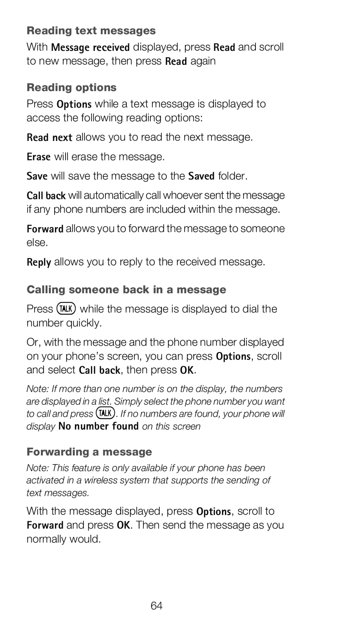 Nokia 6160 manual Reading text messages, Reading options, Calling someone back in a message, Forwarding a message 