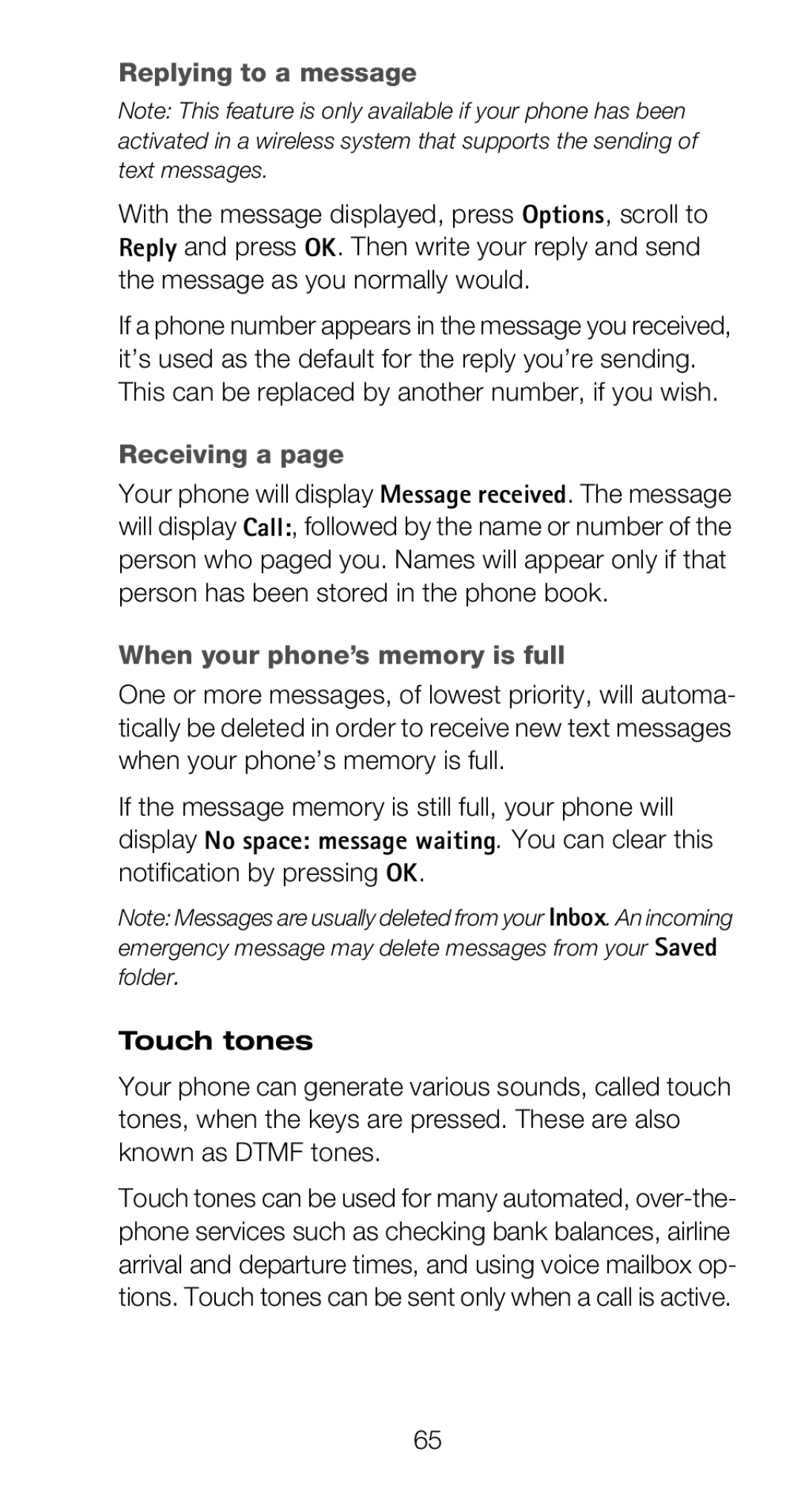 Nokia 6160 manual Replying to a message, Receiving a, When your phone’s memory is full, Touch tones 