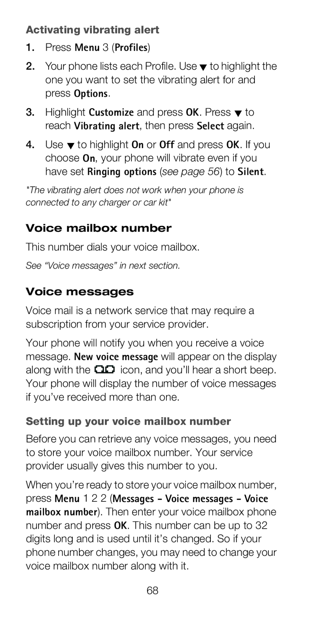 Nokia 6160 manual Activating vibrating alert, Voice mailbox number, This number dials your voice mailbox 