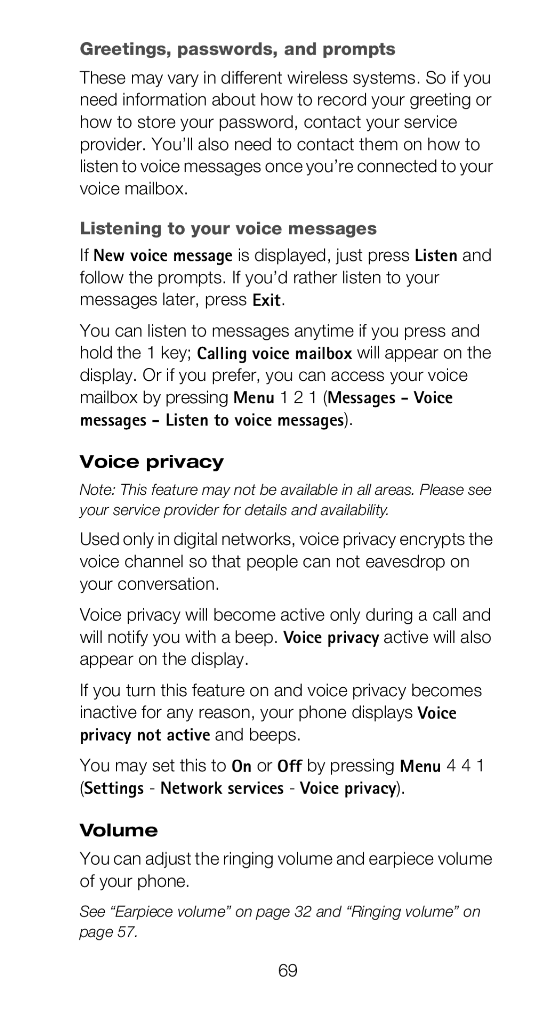 Nokia 6160 manual Greetings, passwords, and prompts, Listening to your voice messages, Voice privacy, Volume 