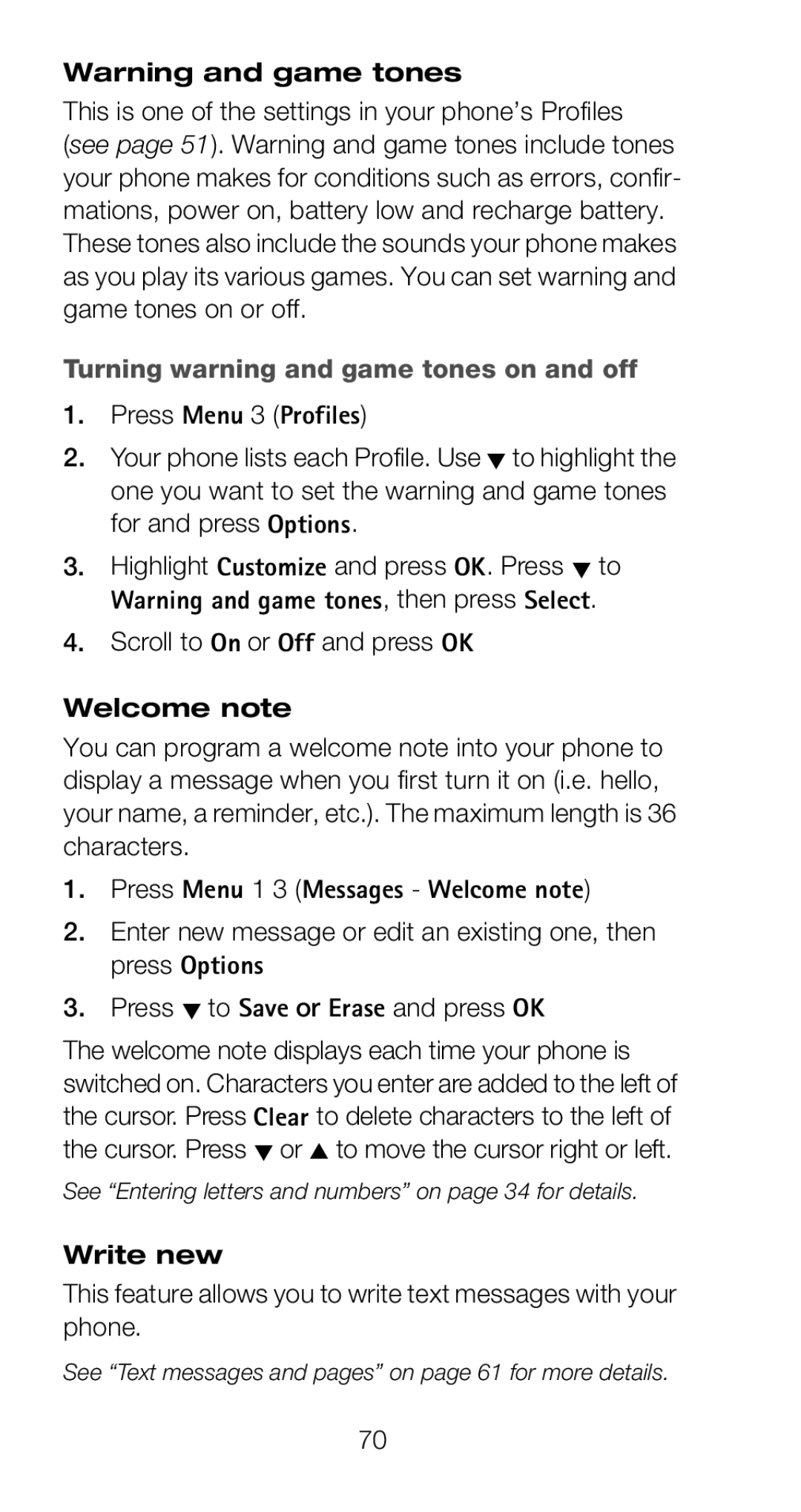 Nokia 6160 manual Turning warning and game tones on and off, Scroll to On or Off and press OK, Welcome note, Write new 