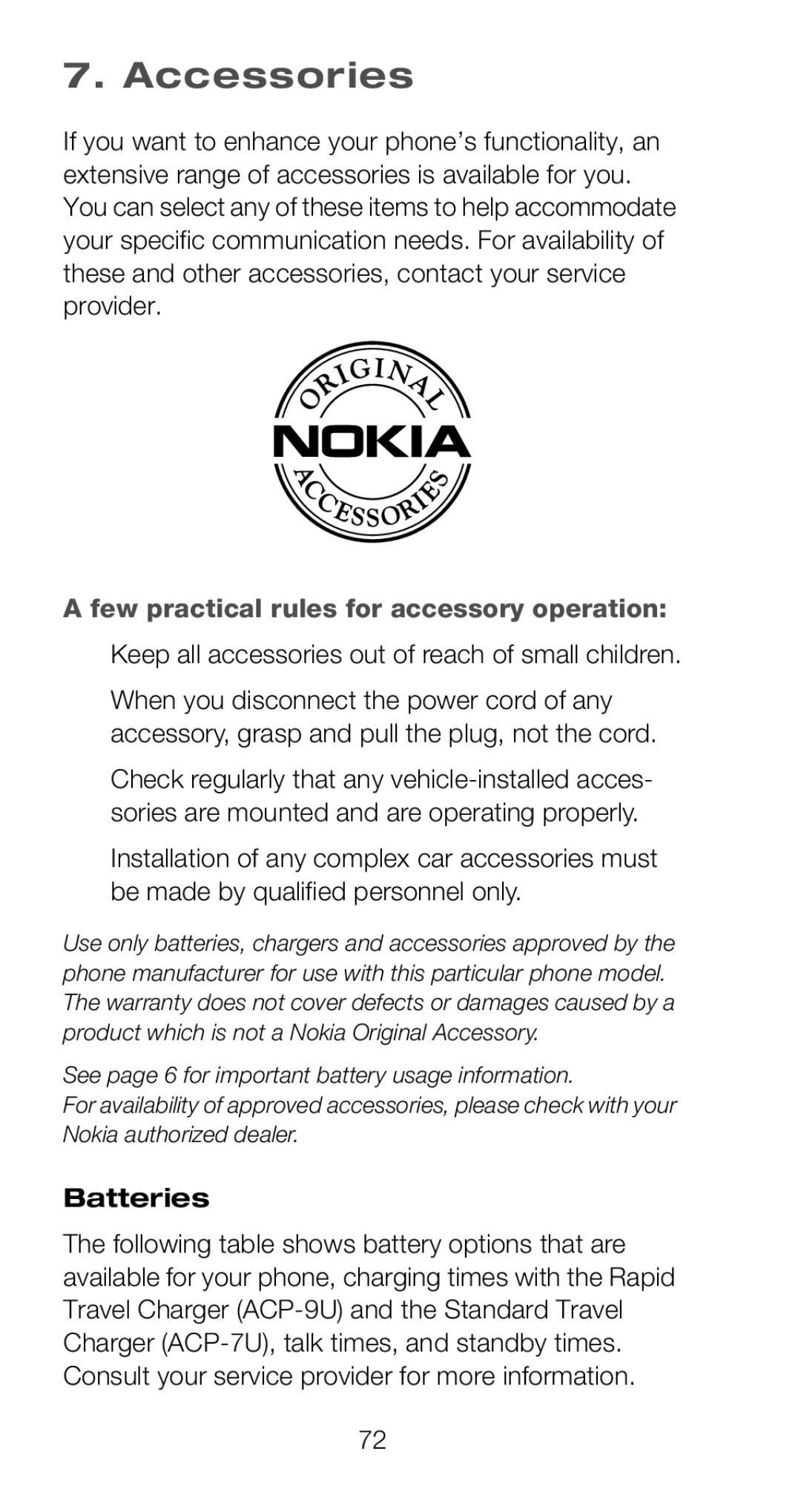 Nokia 6160 Accessories, Few practical rules for accessory operation, Keep all accessories out of reach of small children 