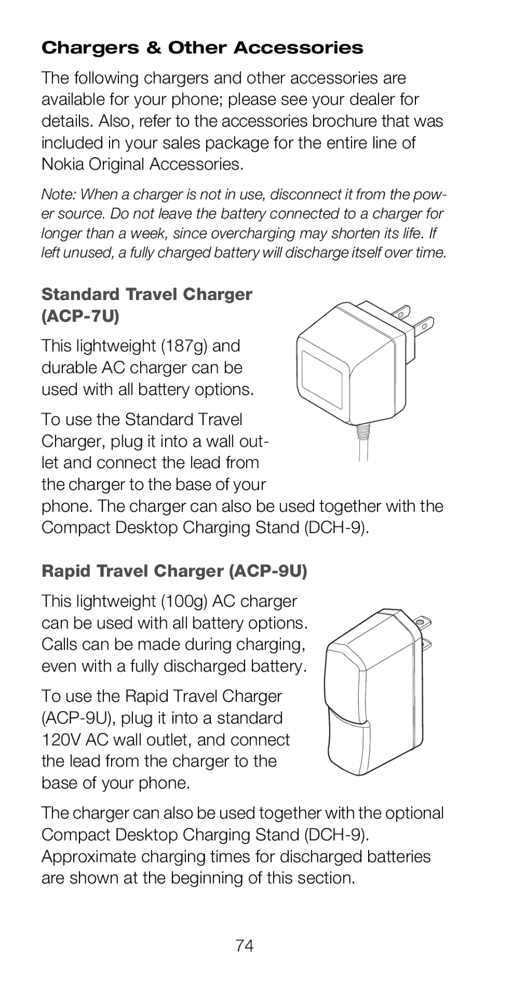 Nokia 6160 manual Chargers & Other Accessories, Standard Travel Charger ACP-7U, Rapid Travel Charger ACP-9U 