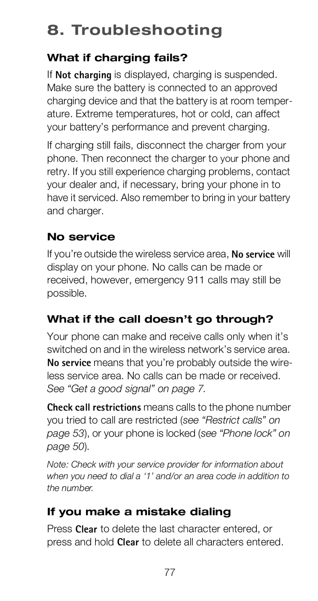 Nokia 6160 manual Troubleshooting, What if charging fails?, No service, What if the call doesn’t go through? 