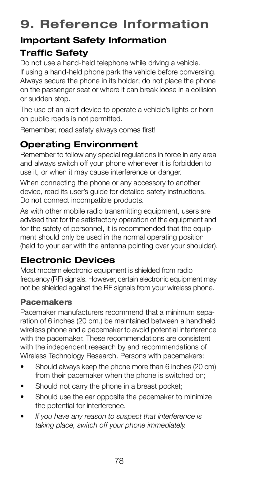 Nokia 6160 Reference Information, Important Safety Information Traffic Safety, Operating Environment, Electronic Devices 