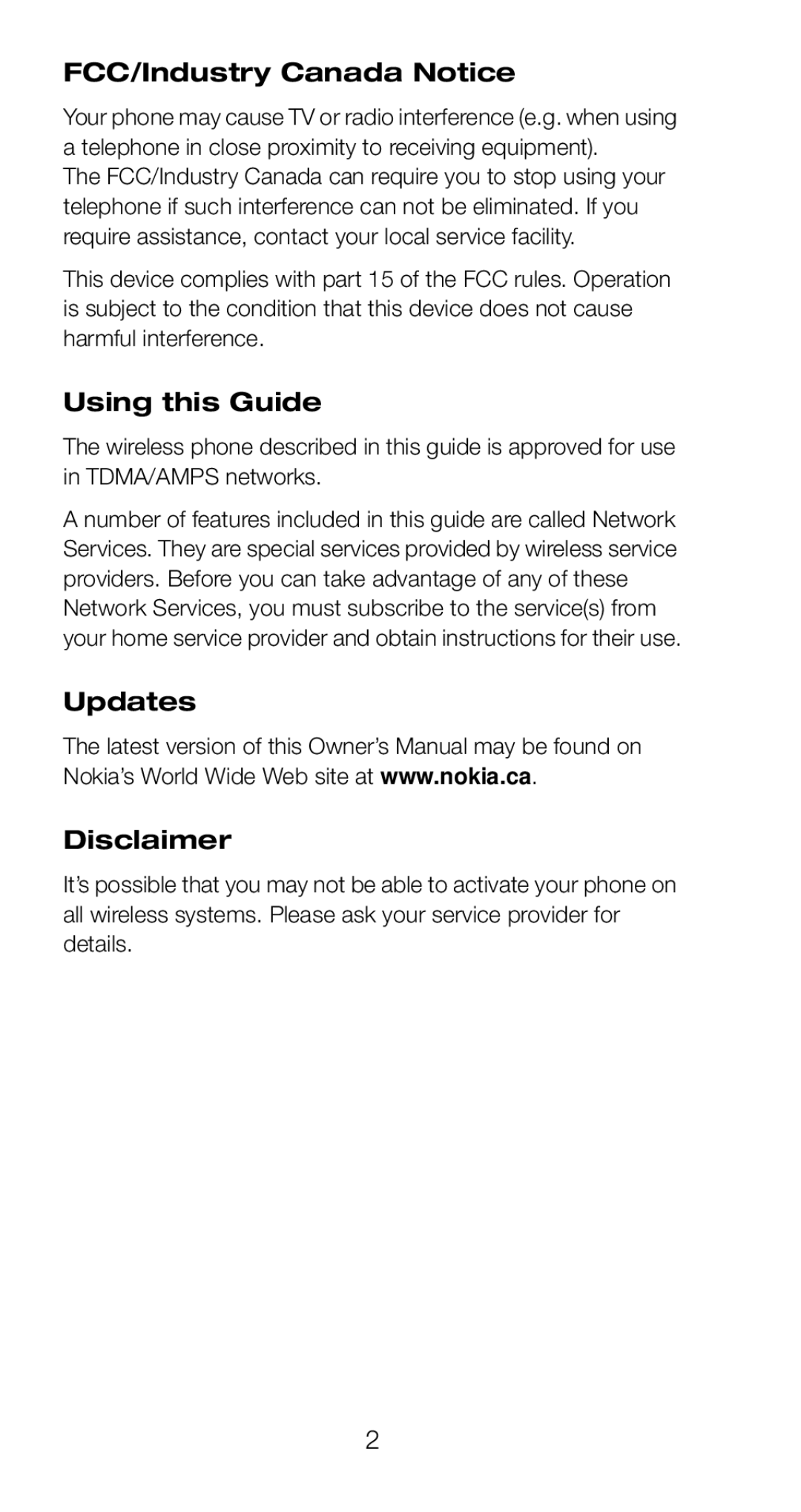 Nokia 6160 manual FCC/Industry Canada Notice, Using this Guide, Updates Disclaimer 