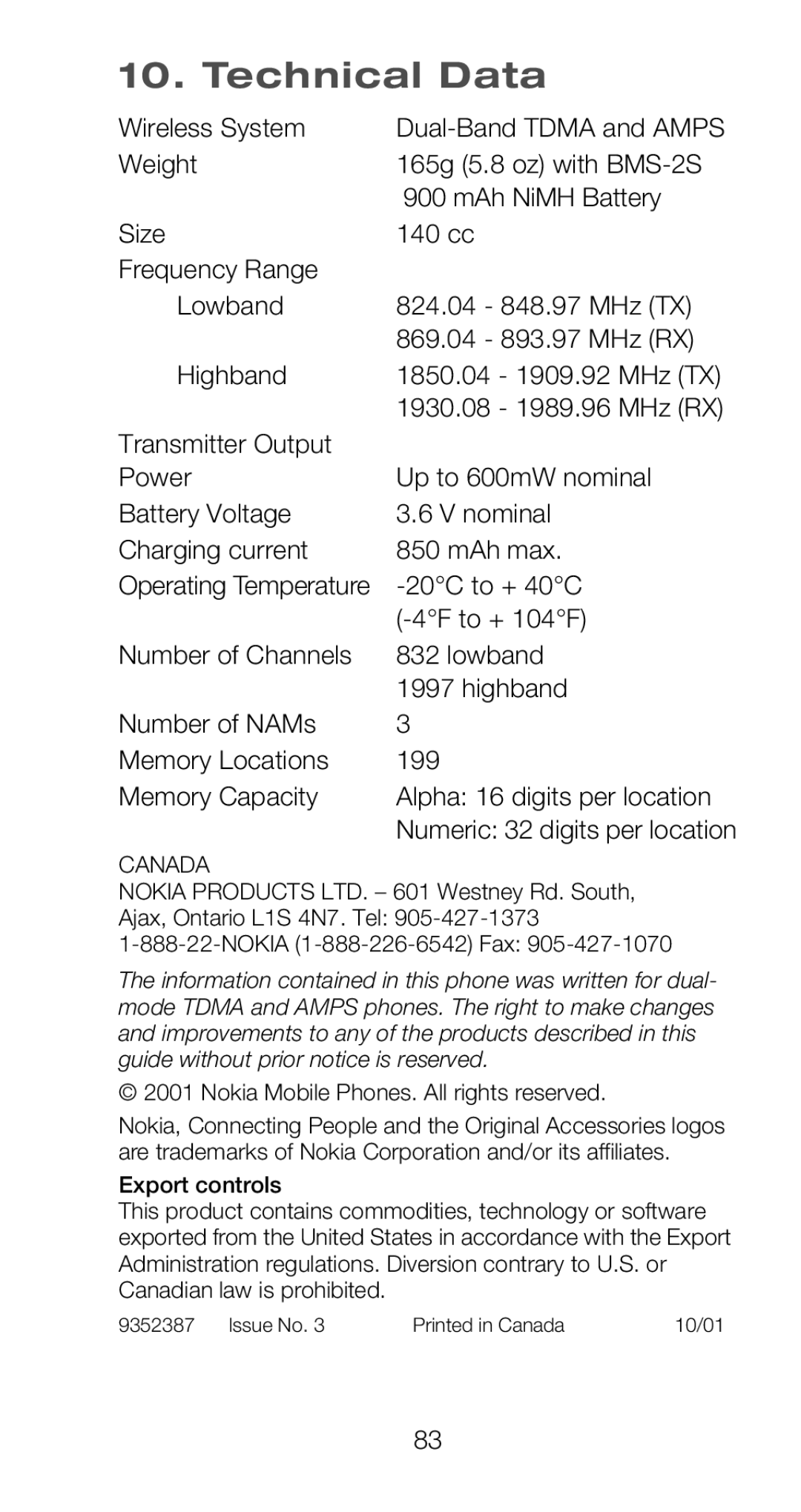 Nokia 6160 manual Technical Data, 20C to + 40C, 4F to + 104F 