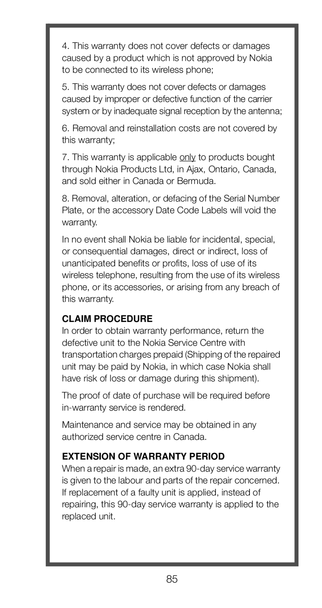 Nokia 6160 manual Claim Procedure 