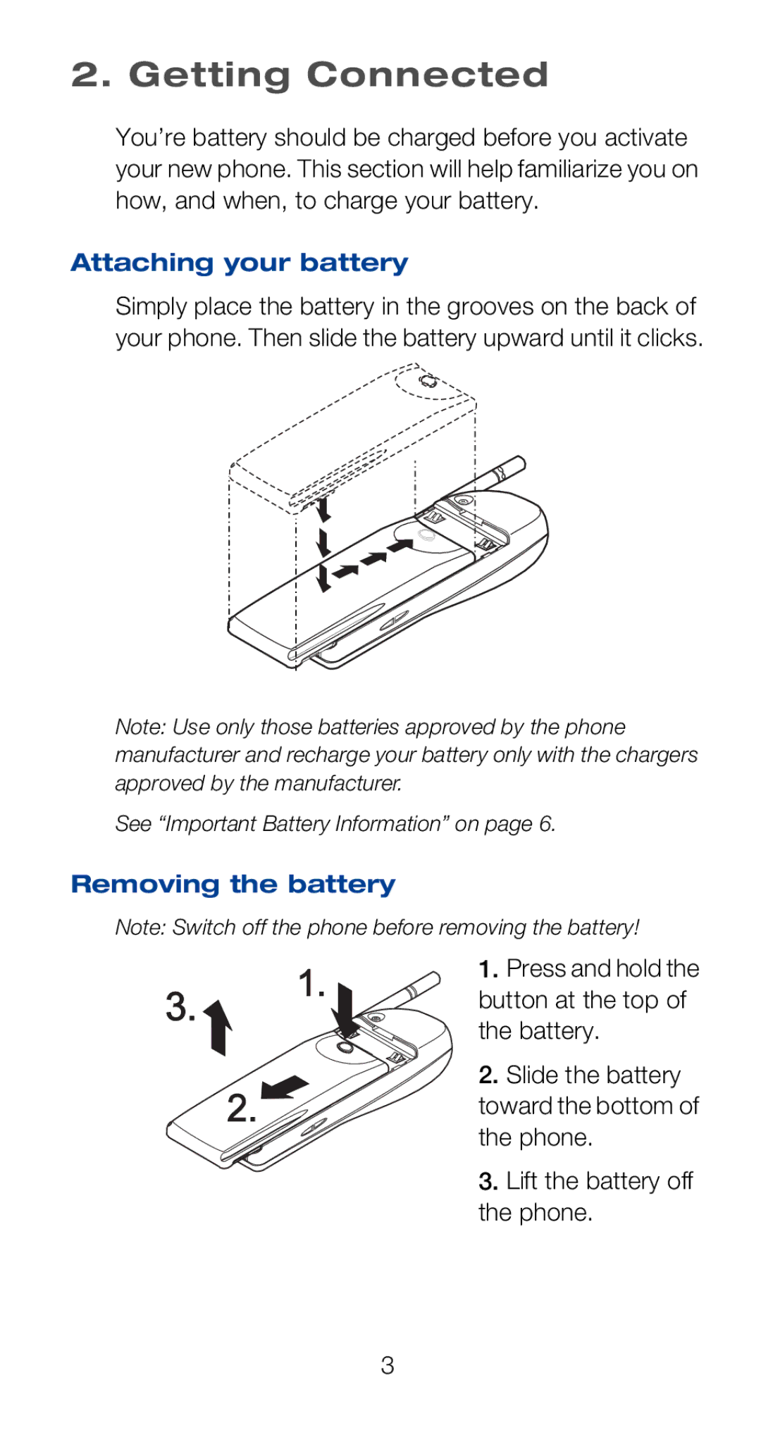 Nokia 6160i owner manual Getting Connected, Attaching your battery, Removing the battery 