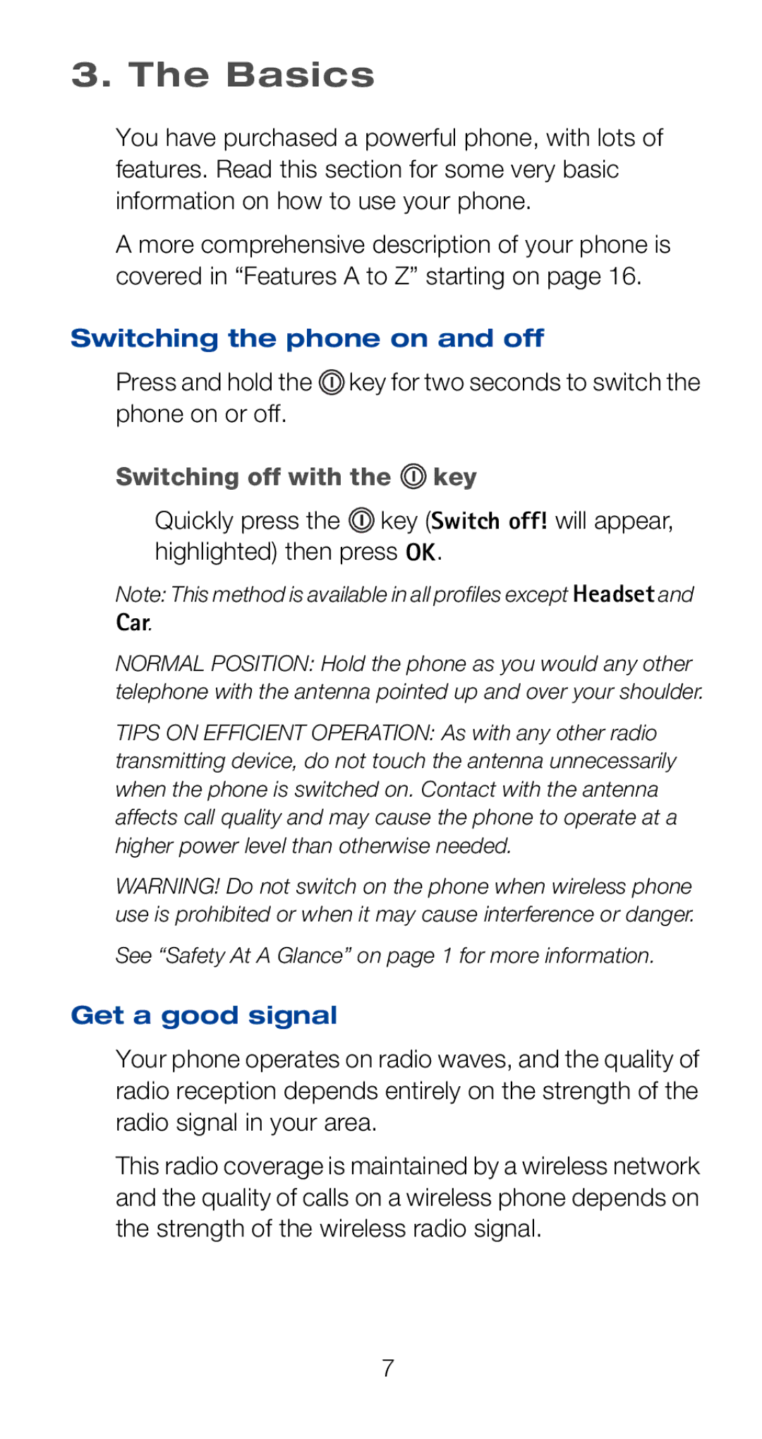 Nokia 6160i owner manual Basics, Switching the phone on and off, Switching off with the key, Car, Get a good signal 