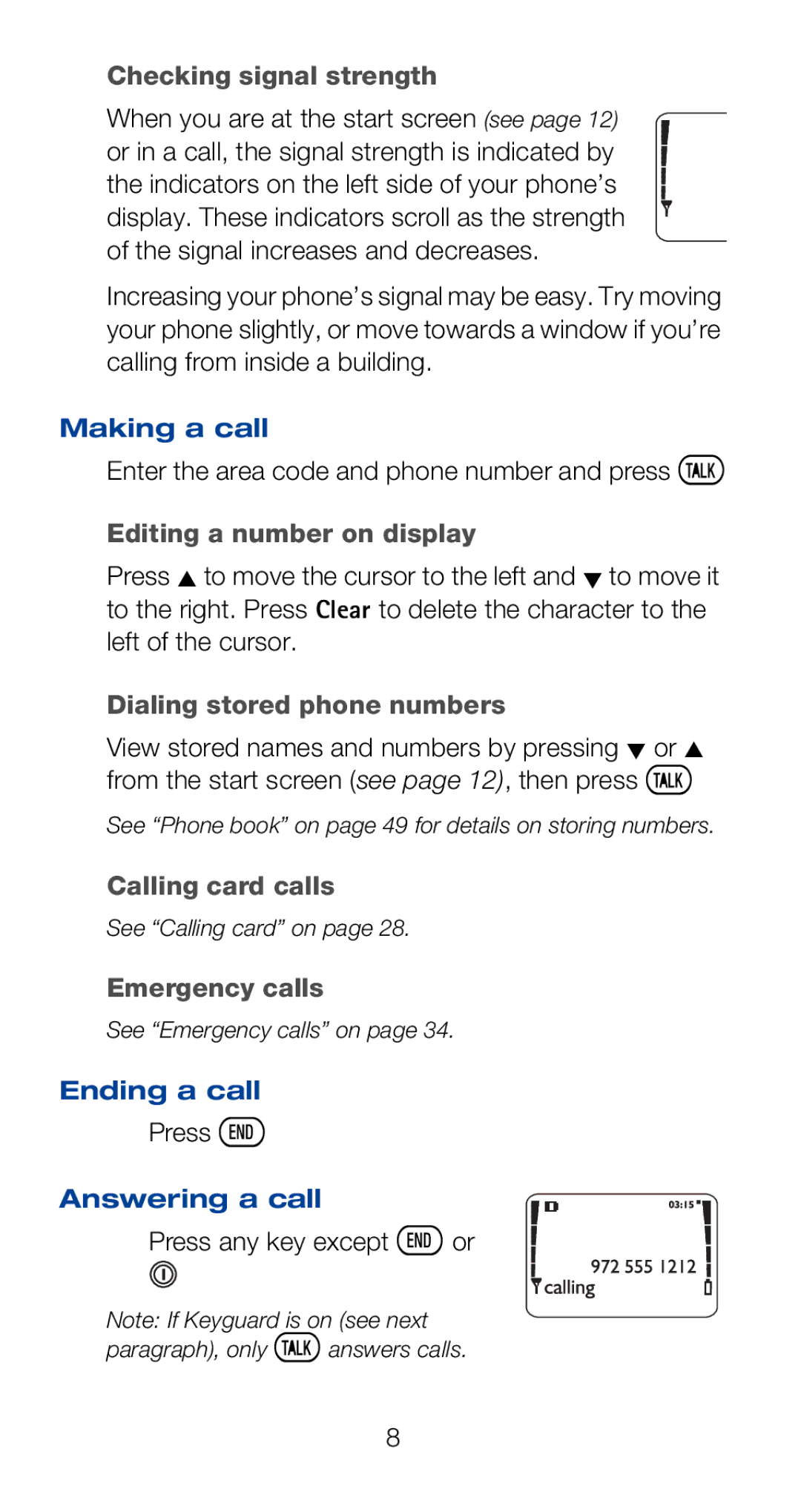 Nokia 6160i Checking signal strength, Editing a number on display, Dialing stored phone numbers, Calling card calls 