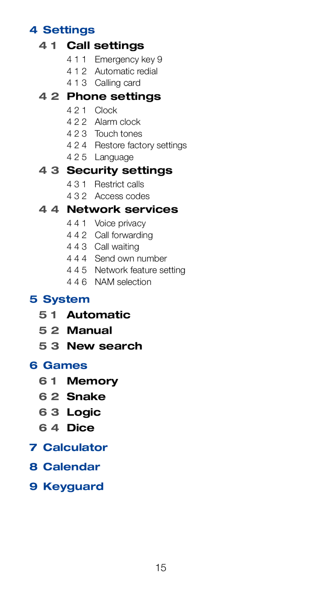 Nokia 6160i owner manual Settings, System, Games, Dice, Calculator Calendar Keyguard 