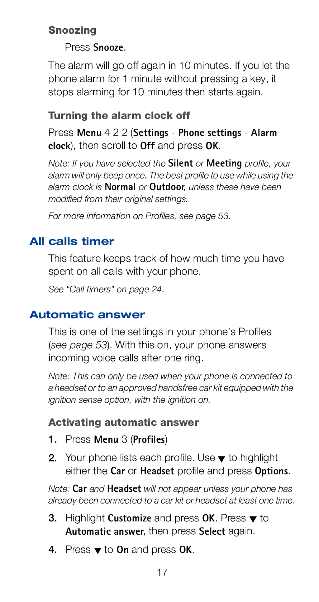 Nokia 6160i Snoozing, Turning the alarm clock off, All calls timer, Automatic answer, Activating automatic answer 