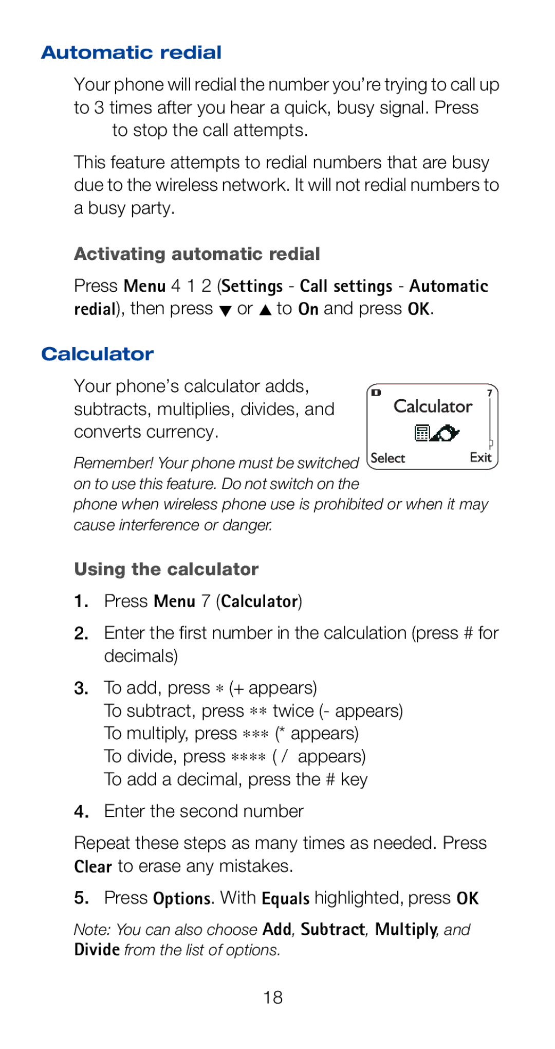 Nokia 6160i owner manual Automatic redial, Activating automatic redial, Using the calculator, Press Menu 7 Calculator 