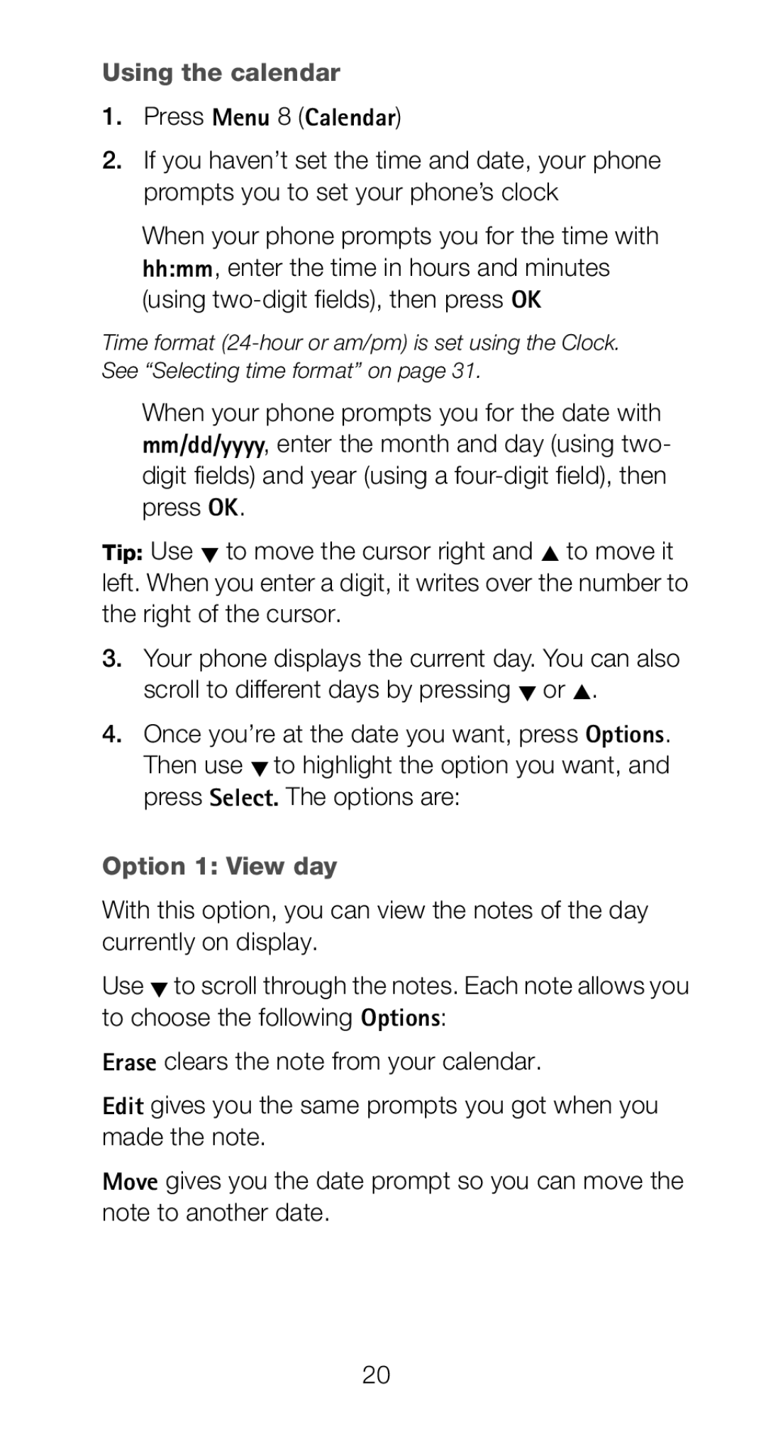 Nokia 6160i owner manual Using the calendar, Press Menu 8 Calendar, Option 1 View day 